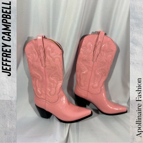 JEFFREY CAMPBELL DAGGETT WESTERN BOOTS IN GLOSSY PINK SIZE 9.5 WOMENS NEW - Picture 1 of 7